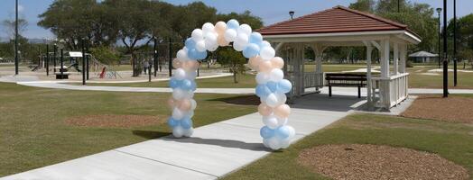 A gazebo with balloons and a gazebo archway photo