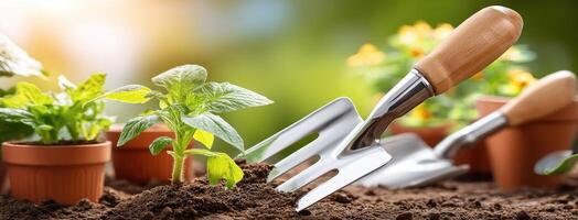 Gardening tools and plants in pots on the ground photo