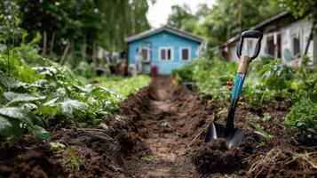 A shovel is digging in the dirt next to a blue house photo