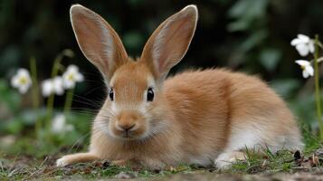 A small brown rabbit sitting in the grass photo