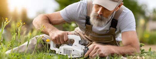A man with a beard and hat is cutting grass with a chainsaw photo