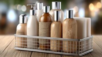 A basket with several bottles of shampoo and conditioner photo