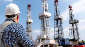A man in a hard hat and vest looking at oil rigs photo