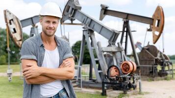 A man in a hard hat standing in front of an oil pump photo