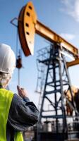 A man in a hard hat and safety vest looking at an oil pump photo
