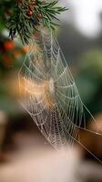 A spider web is hanging from a tree branch photo