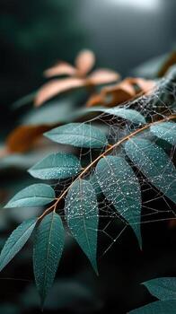 un araña web es colgando desde un hoja foto