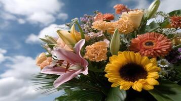 A bouquet of flowers is shown in front of a blue sky photo