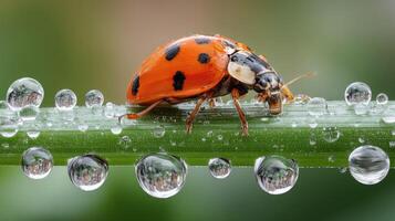 A ladybug sitting on a green stem with water droplets photo