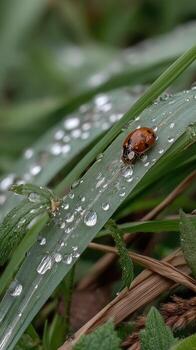mariquita en un espada de césped foto