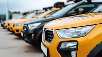 A row of yellow cars parked in a parking lot photo