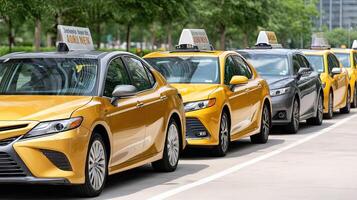 A row of yellow taxis parked on the street photo