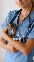 A woman in a blue uniform holding a kitten photo