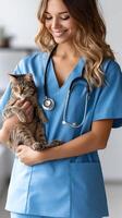 A woman in blue scrubs holding a cat photo