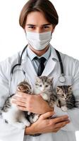 A man in a white coat holding three kittens photo