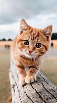 A cat is standing on top of a wooden fence photo