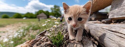 A kitten is walking on a wooden plank photo