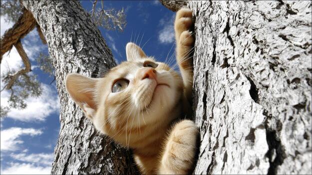 A cat is climbing up a tree photo
