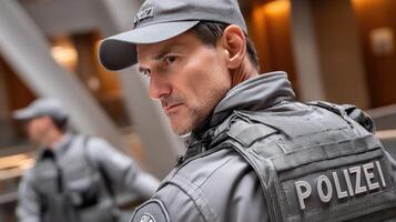 A man in a police uniform is standing in a hallway photo