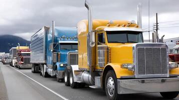 A line of trucks on the road photo