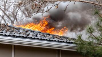A fire is burning on the roof of a house photo