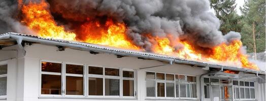 A house with a fire on the roof photo
