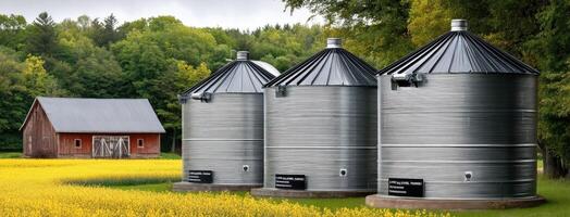 Three metal grain bins in a field with a barn photo