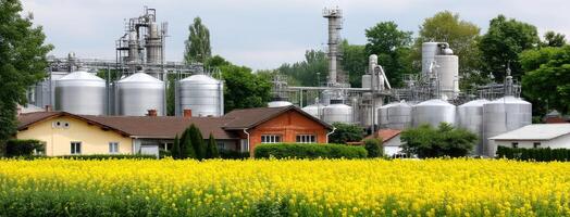 A field of yellow flowers with a large factory in the background photo