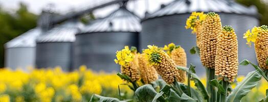 A field of yellow flowers in front of two grain silos photo