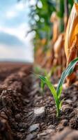 A young corn plant growing in the dirt photo
