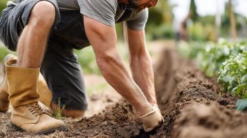 A man is digging in the soil with his hands photo