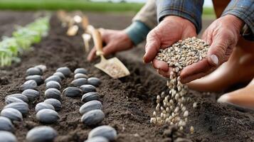 A man is planting seeds in a field photo