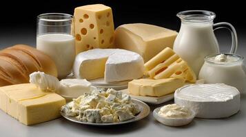 Various types of dairy products including cheese, milk, butter and butter photo