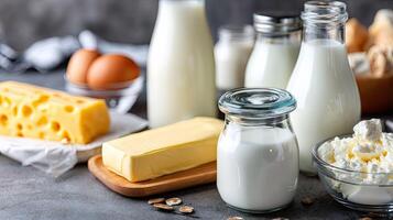 Dairy products including milk, cheese and eggs photo