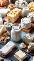 Various types of dairy products including cheese, milk, and butter photo