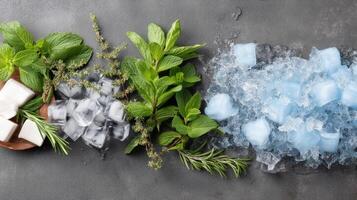 Ice cubes, mint, and herbs on a table photo