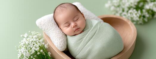 A baby sleeping in a wooden bowl with white flowers photo