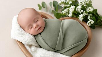 A newborn boy sleeping in a wooden bowl with flowers photo