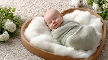 A baby sleeping in a heart shaped wooden box photo