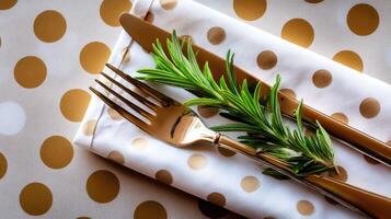 Golden cutlery on a polka dot tablecloth photo