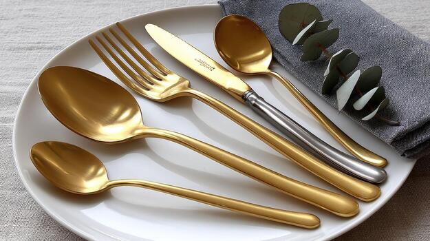 Golden flatware set with silverware and napkin photo