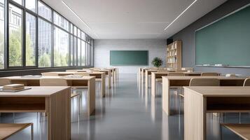 A classroom with desks and chairs photo
