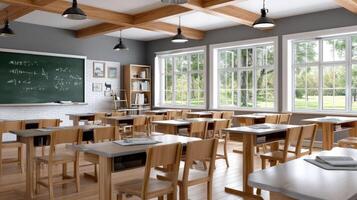 A classroom with wooden desks and blackboard photo
