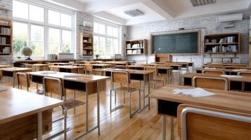 An empty classroom with desks and chairs photo
