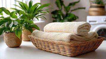 A basket with towels and a plant in front of a window photo