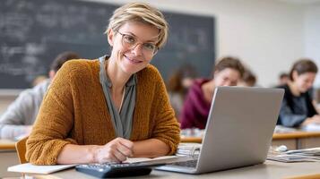 A woman in glasses is sitting at a desk with a laptop photo
