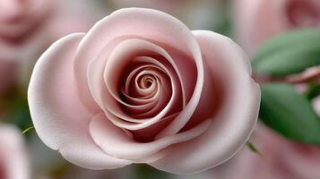 A close up of a pink rose with green leaves photo