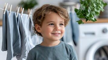 A young boy is standing in front of a washing machine photo