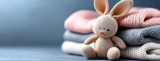 A stuffed rabbit is sitting on top of a pile of knitted clothes photo