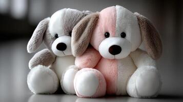 Two stuffed animals are sitting next to each other photo